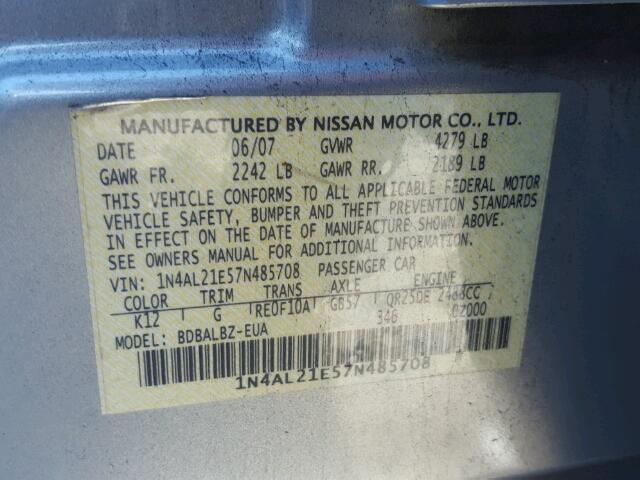 1N4AL21E57N485708 - 2007 NISSAN ALTIMA 2.5 SILVER photo 10