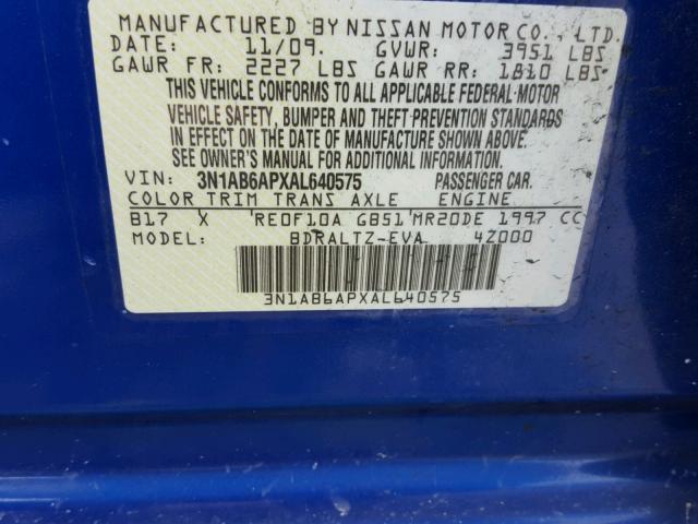 3N1AB6APXAL640575 - 2010 NISSAN SENTRA 2.0 BLUE photo 10