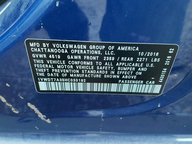 1VWDT7A35HC030192 - 2017 VOLKSWAGEN PASSAT R-L BLUE photo 10