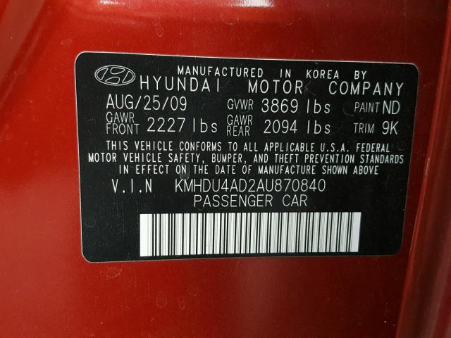 KMHDU4AD2AU870840 - 2010 HYUNDAI ELANTRA BL RED photo 10