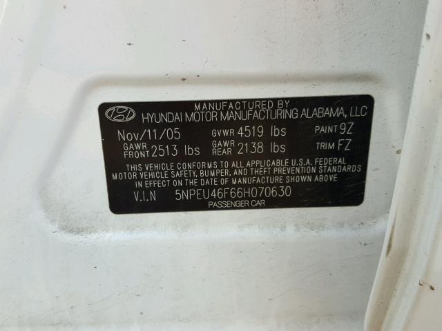 5NPEU46F66H070630 - 2006 HYUNDAI SONATA WHITE photo 10