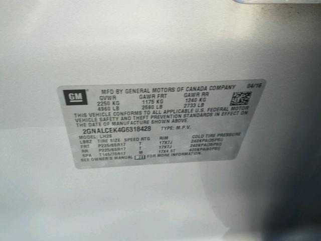 2GNALCEK4G6318428 - 2016 CHEVROLET EQUINOX LT SILVER photo 10