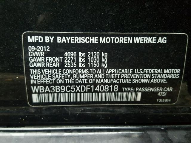 WBA3B9C5XDF140818 - 2013 BMW 335 XI BLACK photo 10