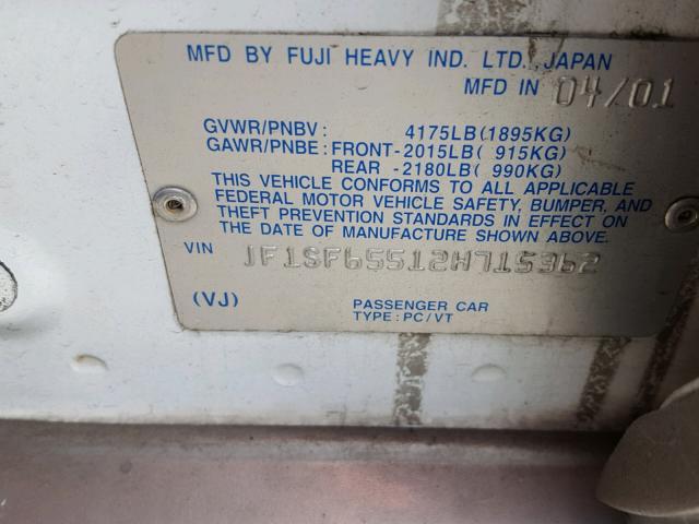 JF1SF65512H715362 - 2002 SUBARU FORESTER S SILVER photo 10