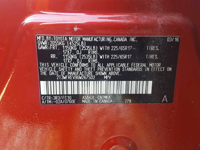 2T3WFREV9GW267502 - 2016 TOYOTA RAV4 XLE RED photo 10