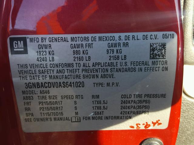 3GNBACDV0AS641020 - 2010 CHEVROLET HHR LT RED photo 10