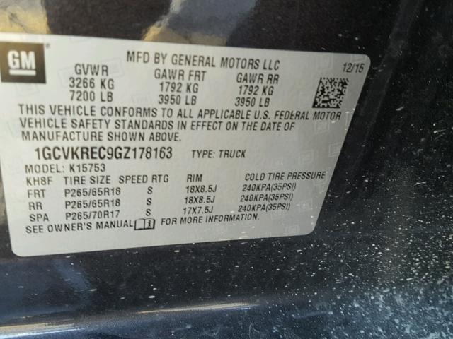 1GCVKREC9GZ178163 - 2016 CHEVROLET SILVERADO GRAY photo 10