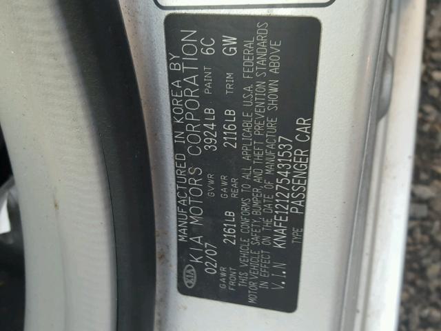 KNAFE121275431537 - 2007 KIA SPECTRA EX SILVER photo 10