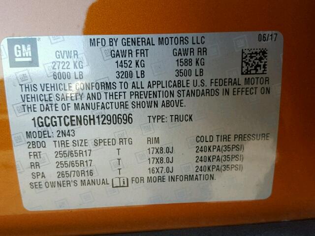 1GCGTCEN6H1290696 - 2017 CHEVROLET COLORADO L ORANGE photo 10