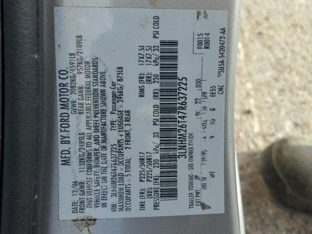 3LNHM26T47R637225 - 2007 LINCOLN MKZ SILVER photo 10