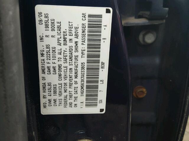 1HGCM563X7A033805 - 2007 HONDA ACCORD SE BLUE photo 10