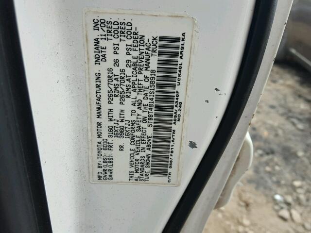 5TBBT48141S158918 - 2001 TOYOTA TUNDRA ACC WHITE photo 10