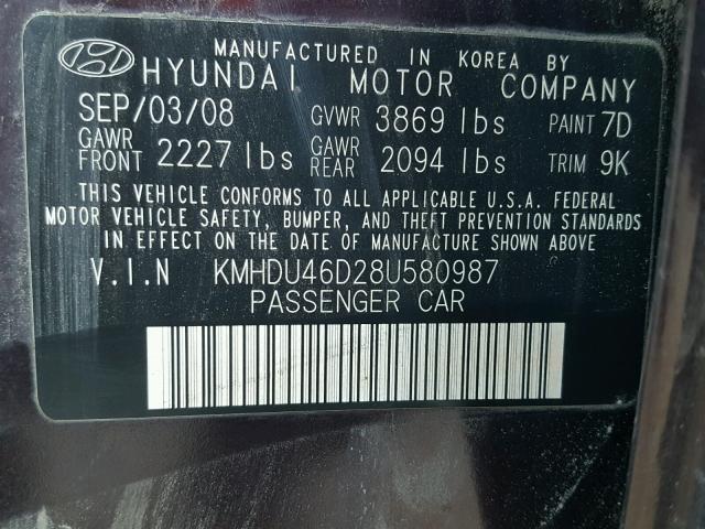 KMHDU46D28U580987 - 2008 HYUNDAI ELANTRA GL PURPLE photo 10