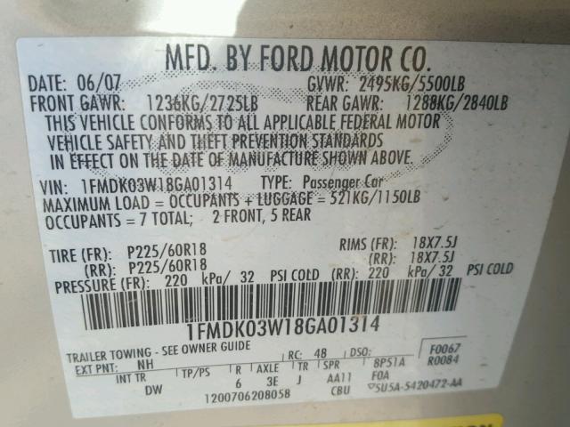 1FMDK03W18GA01314 - 2008 FORD TAURUS X L WHITE photo 10