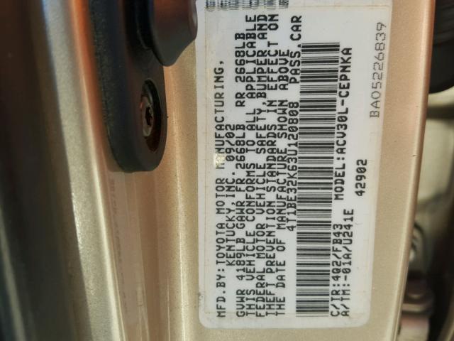 4T1BE32K63U120808 - 2003 TOYOTA CAMRY LE GOLD photo 10