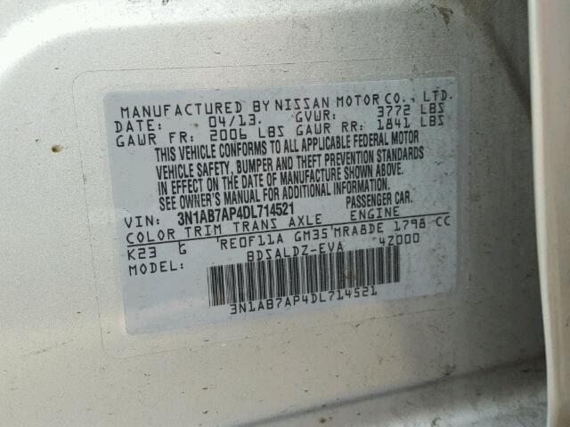 3N1AB7AP4DL714521 - 2013 NISSAN SENTRA S SILVER photo 10