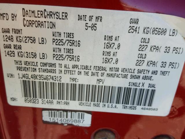 1J4GL48K95W674312 - 2005 JEEP LIBERTY SP RED photo 10