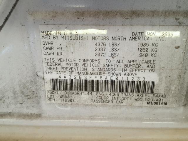 4A32B3FF8AE011233 - 2010 MITSUBISHI GALANT ES WHITE photo 10