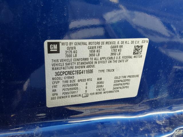 3GCPCREC7EG411606 - 2014 CHEVROLET SILVERADO BLUE photo 10