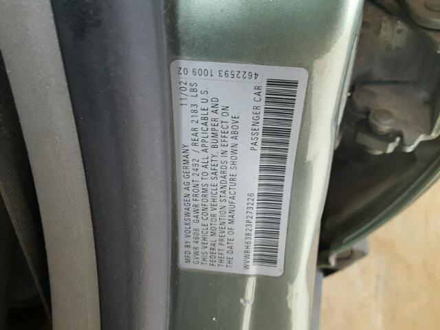 WVWRH63B23P273226 - 2003 VOLKSWAGEN PASSAT GLX GREEN photo 10