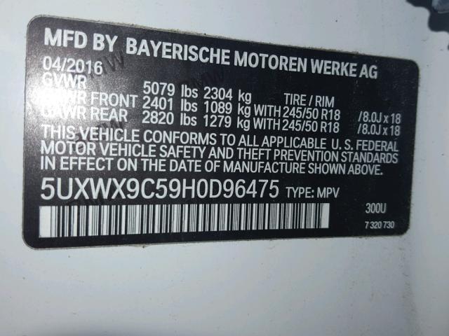 5UXWX9C59H0D96475 - 2017 BMW X3 XDRIVE2 WHITE photo 10