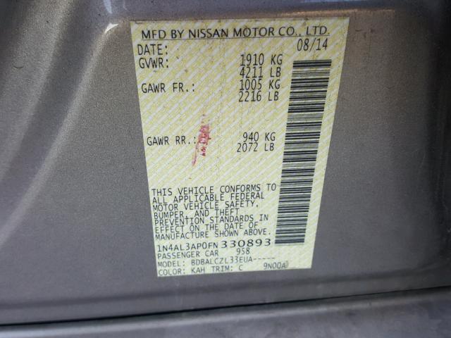 1N4AL3AP0FN330893 - 2015 NISSAN ALTIMA 2.5 GOLD photo 10