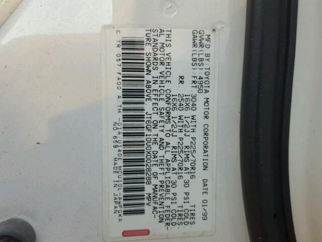 JT6GF10U0X0028288 - 1999 LEXUS RX 300 WHITE photo 10