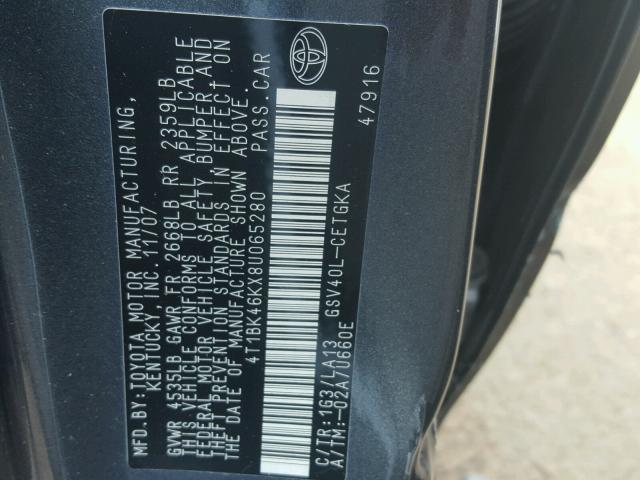 4T1BK46KX8U065280 - 2008 TOYOTA CAMRY LE ნაცრისფერი ფოტო 10