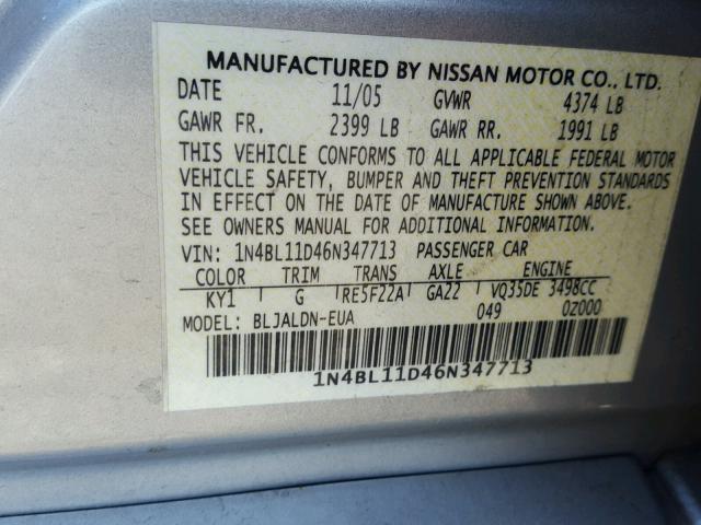 1N4BL11D46N347713 - 2006 NISSAN ALTIMA SE SILVER photo 10