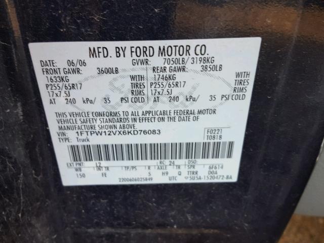 1FTPW12VX6KD76083 - 2006 FORD F150 SUPER BLUE photo 10