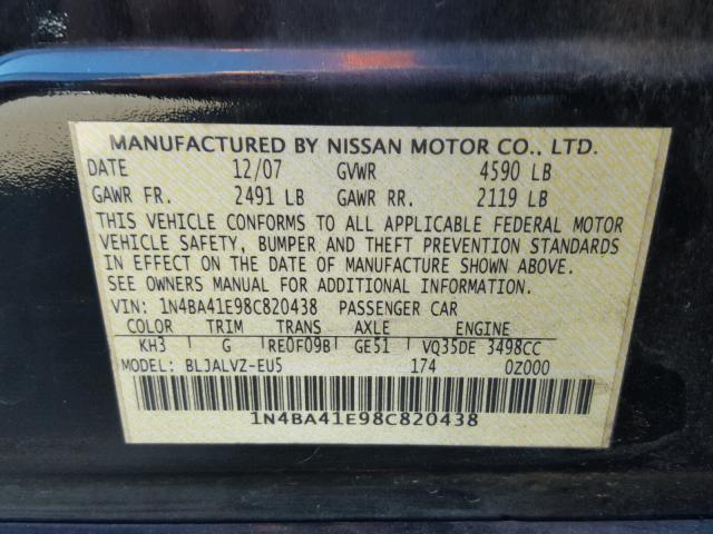 1N4BA41E98C820438 - 2008 NISSAN MAXIMA SE BLACK photo 10