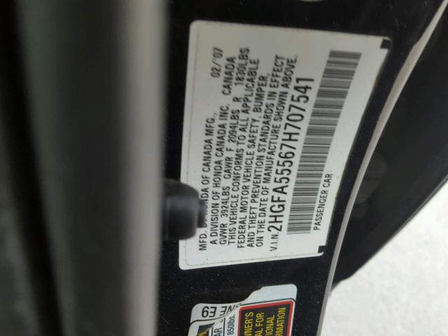 2HGFA55567H707541 - 2007 HONDA CIVIC SI BLACK photo 10