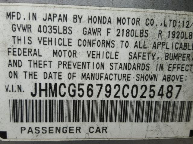 JHMCG56792C025487 - 2002 HONDA ACCORD SE SILVER photo 10