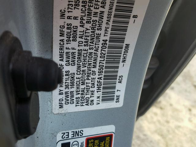 1HGFA16507L027094 - 2007 HONDA CIVIC LX SILVER photo 10