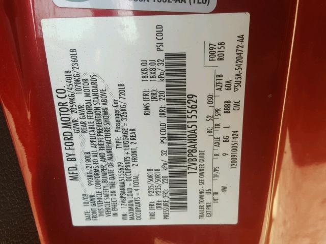 1ZVBP8AN0A5155629 - 2010 FORD MUSTANG RED photo 10