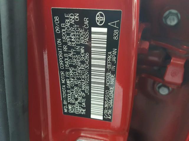 JTDBT923291304286 - 2009 TOYOTA YARIS RED photo 10