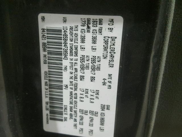 1D4HB58N04F205043 - 2004 DODGE DURANGO LI GRAY photo 10