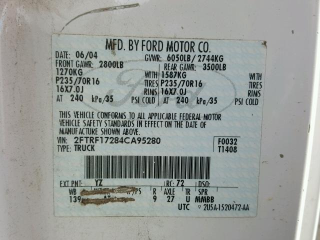 2FTRF17284CA95280 - 2004 FORD F-150 HERI WHITE photo 10