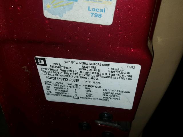 1GHDT13S732175375 - 2003 OLDSMOBILE BRAVADA RED photo 10