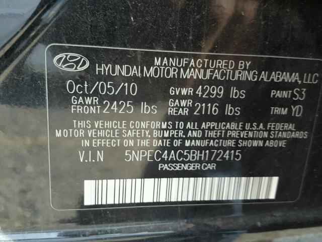 5NPEC4AC5BH172415 - 2011 HYUNDAI SONATA SE BLACK photo 10