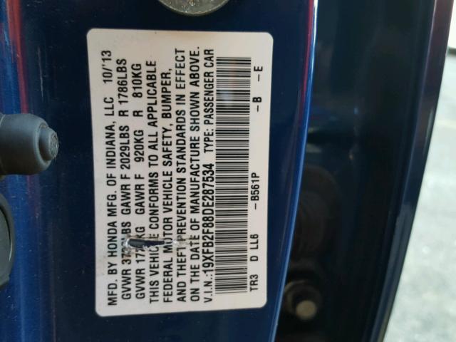 19XFB2F88DE287534 - 2013 HONDA CIVIC EX Mavi foto 10