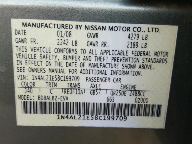 1N4AL21E58C199709 - 2008 NISSAN ALTIMA 2.5 GREEN photo 10