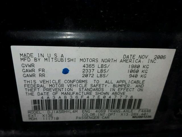 4A3AB36F47E047778 - 2007 MITSUBISHI GALANT ES BLACK photo 10