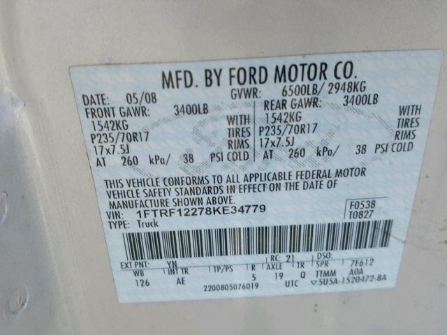 1FTRF12278KE34779 - 2008 FORD F150 SILVER photo 10