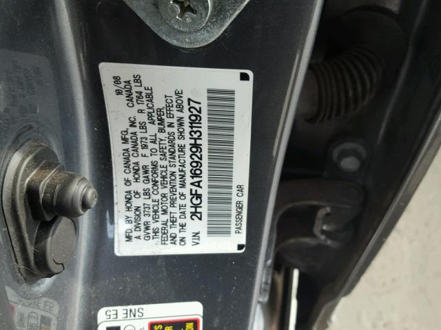 2HGFA16929H311927 - 2009 HONDA CIVIC EXL გრაფიტი ფოტო 10