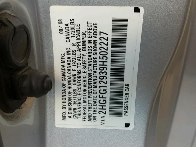 2HGFG12939H502227 - 2009 HONDA CIVIC EXL ვერცხლისფერი ფოტო 10
