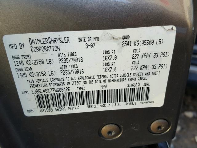 1J8GL48K77W660426 - 2007 JEEP LIBERTY SP GOLD photo 10