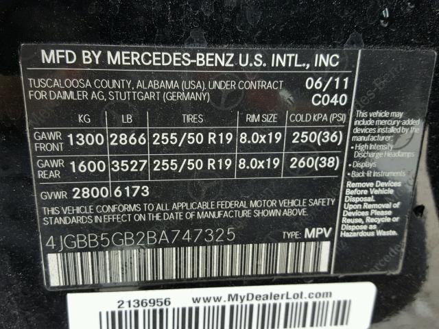 4JGBB5GB2BA747325 - 2011 MERCEDES-BENZ ML 350 BLACK photo 10