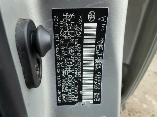 JTDKB20U040027013 - 2004 TOYOTA PRIUS SILVER photo 10