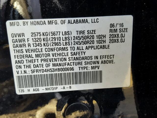 5FRYD4H53HB000696 - 2017 ACURA MDX TECHNO BLACK photo 10